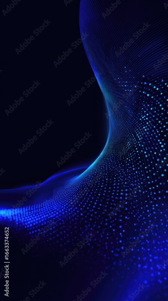 Poster abstract digital art featuring a flowing, luminous blue wave of light and particles on a dark backgr