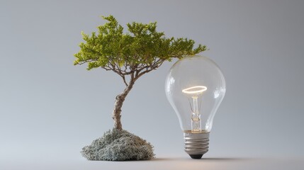 Unique bonsai tree growing beside a light bulb on minimalistic background