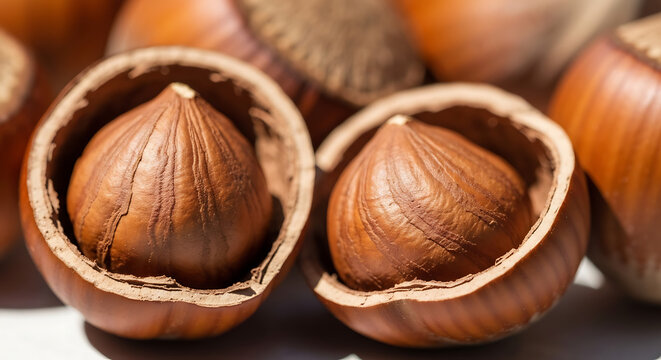 Close-up of Hazelnuts, Some Shelled