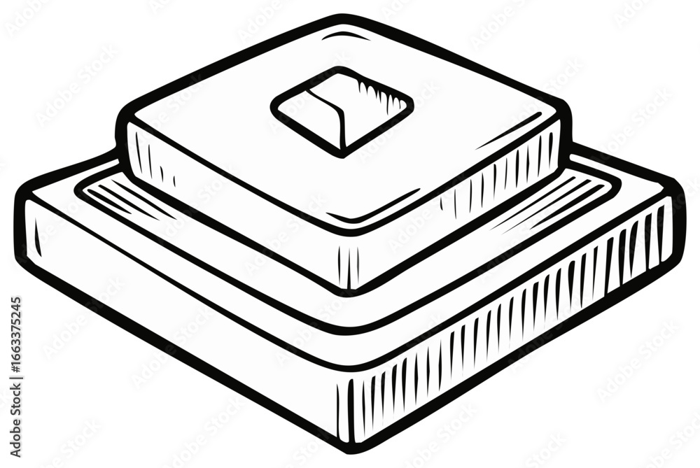 Aufkleber isometric view of a geometric structure with a layered, blocky design in black and white.