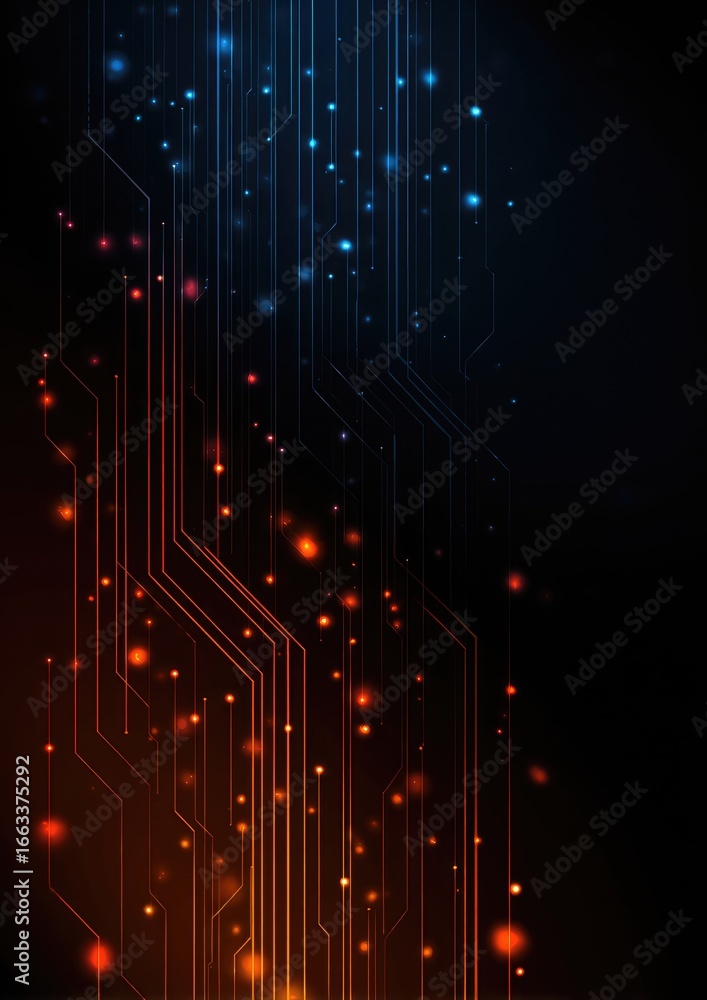 Poster abstract digital artwork depicting glowing circuit board lines in blue and orange hues on a dark bac