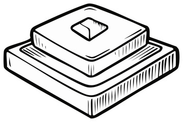 Isometric view of a geometric structure with a layered, blocky design in black and white.