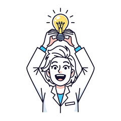 Illuminating Breakthrough: A scientist, filled with a eureka moment of scientific discovery, holds a glowing lightbulb over her head, embodying intelligence and creativity. 