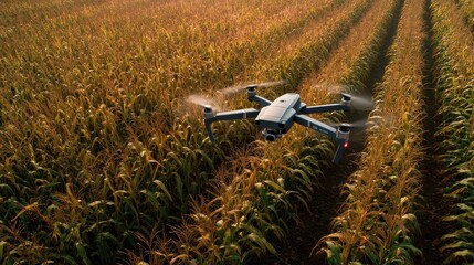 Drone surveys corn field during sunny afternoon in rural farming area