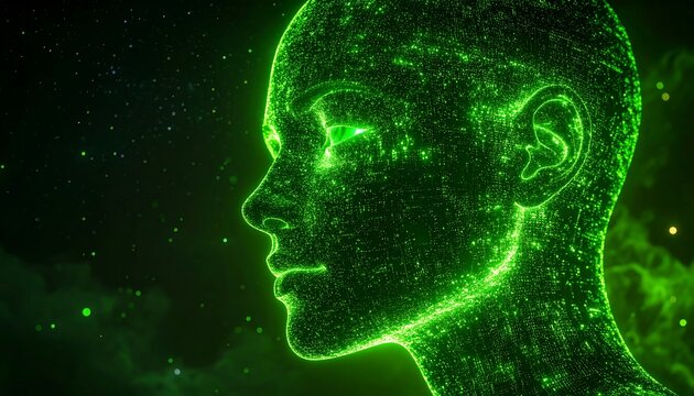 Profile view of a digital face rendered with glowing green particles. - Powered by Adobe