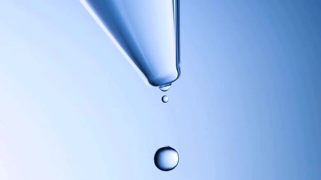 A close up of a glass dropper with a single drop of clear liquid at the tip