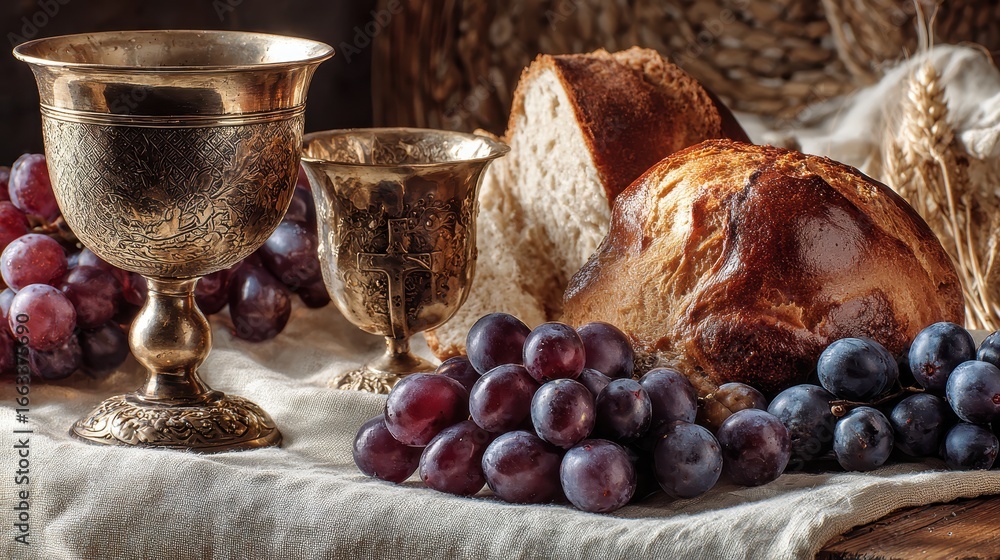 Poster Silver cups and fresh bread with grapes on a rustic table setting for a gathering