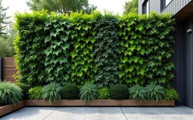 A stunning vertical garden wall adorned with vibrant green plants and aromatic herbs, showcasing modern outdoor design in photorealistic detail. High quality