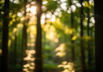 Sunlight streaming through autumn forest trees with yellow leaves and misty path
