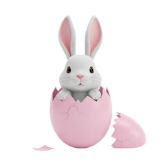 Cute White Bunny Emerging from Cracked Pink Easter Egg