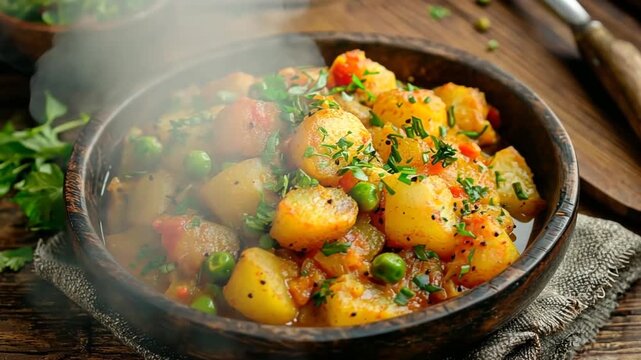 Aloo matar indian recipe on a warm background video