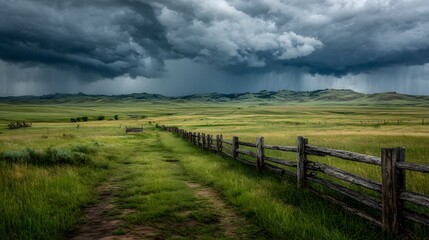 Dramatic landscape photograph of a vast green prairie with a wooden fence leading towards a dark, ominous storm cloud with visible rain sheets in the distance.