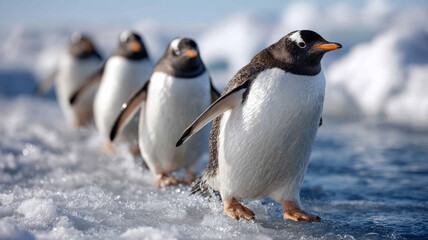 Fototapeta premium Penguins marching on icy terrain in Antarctica.