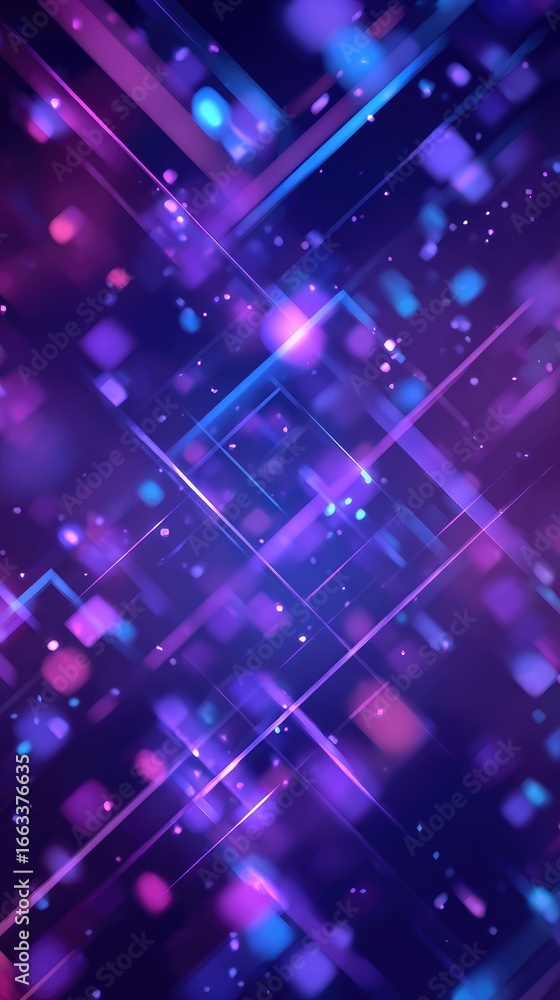 Poster abstract digital artwork featuring vibrant purple and blue glowing lines and bokeh effects on a dark