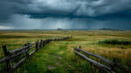 Dramatic landscape photograph of a vast green prairie with a wooden fence leading towards a dark, ominous storm cloud with visible rain sheets in the distance.