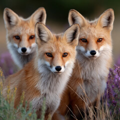Fototapeta premium Three foxes standing together in natural habitat