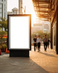 Urban scene featuring a blank advertising billboard at sunset with pedestrians walking, perfect for showcasing marketing opportunities.