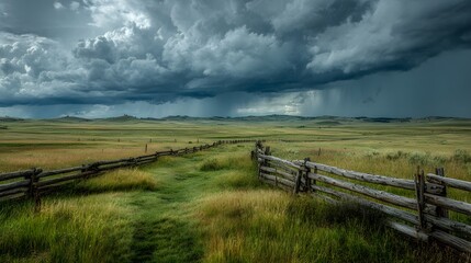 Obraz premium Dramatic landscape photograph of a vast green prairie with a wooden fence leading towards a dark, ominous storm cloud with visible rain sheets in the distance.