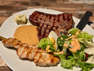 Grilled steak and chicken skewer with salad and sauce on a white plate
