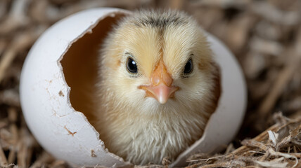 A baby chick emerging from a cracked eggshell in a nest.
