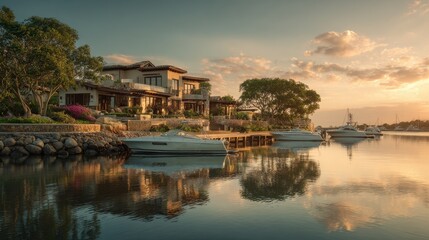Fototapeta premium Beautiful waterfront house at sunset with boats docked along a serene lake