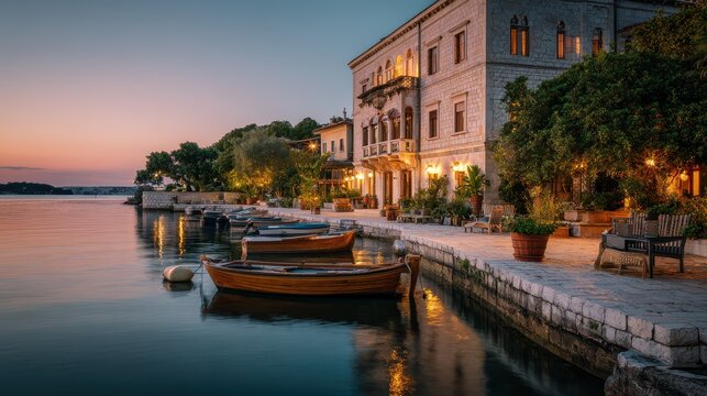 Sunset view of a waterfront plaza with boats and historic buildings in a serene location