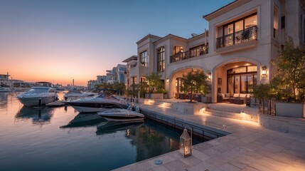 Fototapeta premium Luxury waterfront villa with yachts at sunset in a serene marina setting