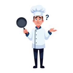 A Confused Chef: A chef, clad in his traditional toque and uniform, stands perplexed, a frying pan held in his hand as he struggles to find inspiration.