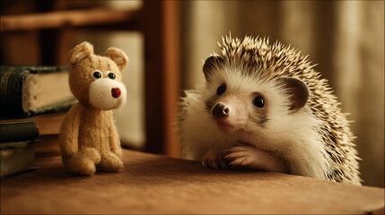 Hedgehog trying to hug tiny teddy bear with prickles sticking, a quirky and wholesome scene.