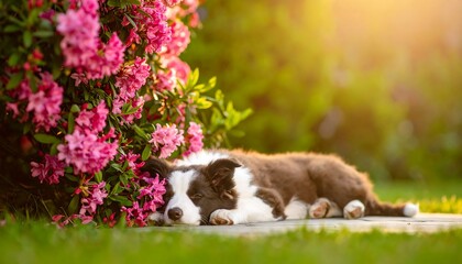 Puppy sleeping garden, spring sunshine