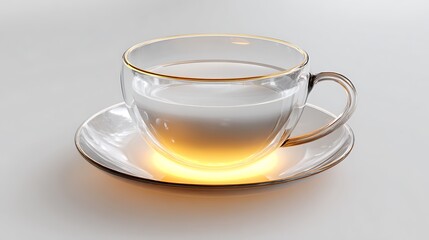 A clear glass teacup filled with liquid sitting on a saucer with a golden glow underneath it all
