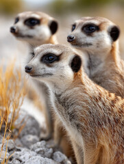 Fototapeta premium Three meerkats standing alert and curious in a desert setting.