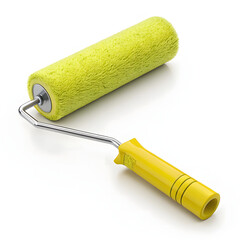 Yellow handle paint roller with green fuzzy roller head on white background