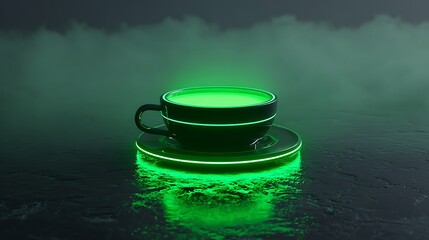 A glowing green cup of liquid on a saucer reflecting on a dark surface with a foggy background