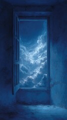 A slightly ajar window in a dark, aged room reveals a dramatic, moonlit, cloudy night sky.  The scene is rendered in cool, moody blues