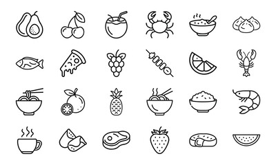 Collection of Black and White Food Icons – Fruits, Drinks, Seafood, Noodles, Pizza, Meat, Desserts, and Bakery Line Vector Illustrations for Restaurant, Cafe, and Food Blog Design