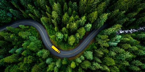 Fototapeta premium Aerial View of a Yellow Truck on a Winding Road through a Forest.