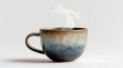 A close up of a ceramic mug with steam rising against a white background in a studio setting