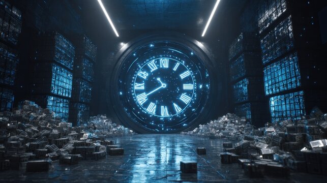 Giant clock in mysterious vault with stacks of money and neon blue glow