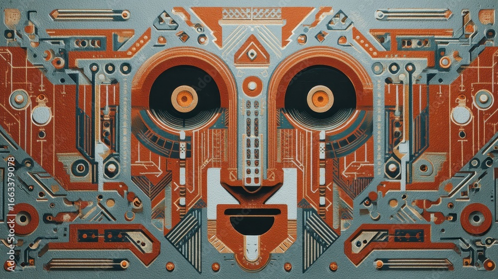 Poster intricate abstract face design with circuit patterns in red and orange shades