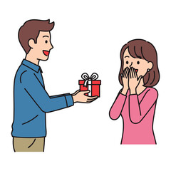 The Gift of Delight: A thoughtful gesture unfolds as a man extends a beautifully wrapped gift to a woman, capturing a moment of joy and anticipation. 