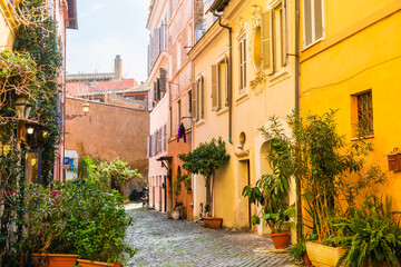Colorful architecture in Trastevere district in Rome, Italy. Yellow buildings and green flowers on cozy street at sunny day.
