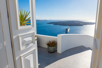 White architecture in Santorini island, Greece. Beautiful terrace with sea view.