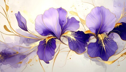 Purple Irises with Gold Accents, Floral Art Print © Buka
