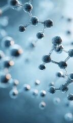 Abstract rendering of interconnected molecules, floating in a cool-toned, softly blurred background, with depth of field highlighting central structures