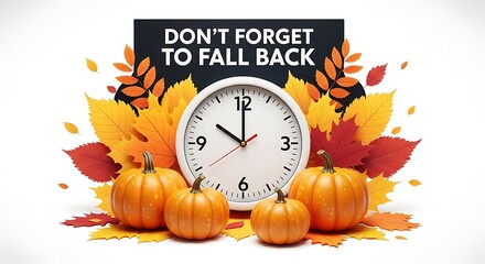 Dont forget to fall back daylight saving time change with pumpkins and autumn leaves