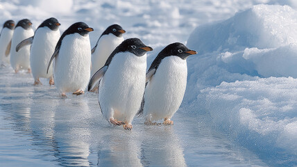 Fototapeta premium Penguins walking on ice in Antarctica, displaying natural beauty.
