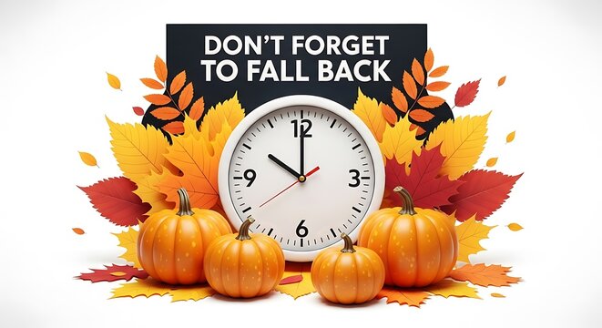 Dont forget to fall back daylight saving time change with pumpkins and autumn leaves