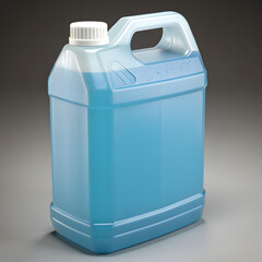 Translucent blue liquid in a rectangular plastic jug with a white cap and handle