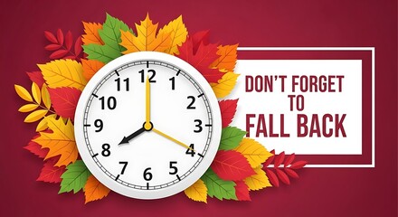 Dont forget to fall back a clock surrounded by colorful autumn leaves isolated on white background
